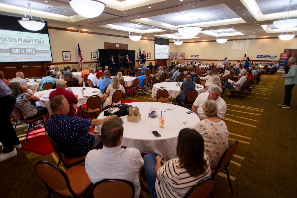 (Chris Caldwell | Special to The Tribune) Victor Iverson and Troy Belliston participate in a Washington County Commission Seat B GOP primary debate on Thursday, June 4, 2026, in St. George.