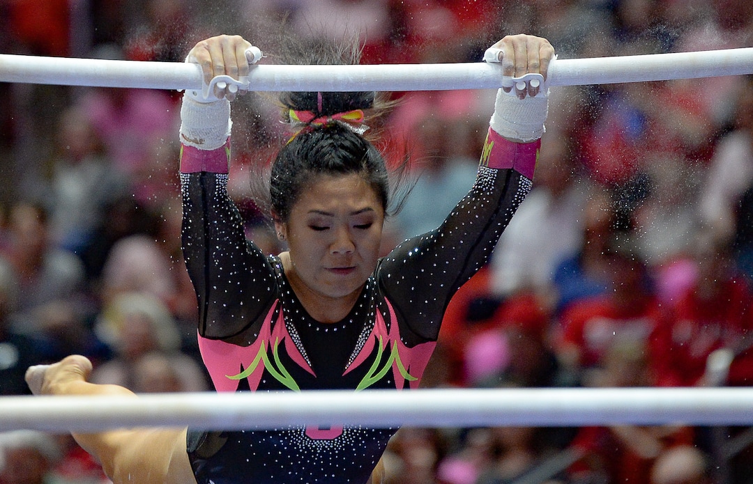 (Francisco Kjolseth  |  The Salt Lake Tribune) Cristal Isa competes on the bars as the fourth-ranked University of Utah Red Rocks gymnastics team host Stanford, Friday, March 6, 2020, at the Jon M. Huntsman Center in Salt Lake City.