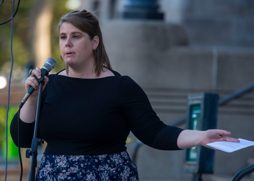 (Rick Egan  |  The Salt Lake Tribune)       June Hiatt speaks at a rally of Homeless and homeless advocates as they gather outside the City County building for a demonstration before the city council meeting, Tuesday, April 23, 2019.