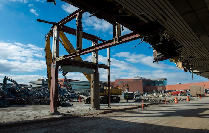 (Rick Egan | The Salt Lake Tribune)  The old parking garage at the Salt Lake International Airport is prepared for demolition, to make way for the expansion of the new terminals, on Tuesday, Nov. 24, 2020.