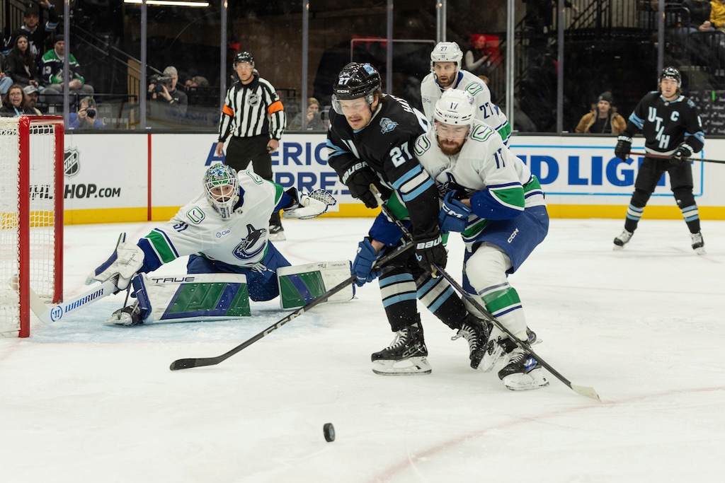 (Melissa Majchrzak | AP) Vancouver Canucks goaltender Arturs Silovs and defenseman Filip Hronek (17) watch the puck on the ice against Utah Hockey Club center Barrett Hayton (27) during the first period of an NHL hockey game, Sunday, Feb. 23, 2025, in Salt Lake City.