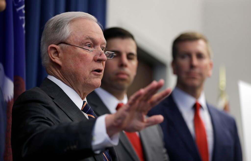 (Tony Dejak | The Associated Press) U.S. Attorney General Jeff Sessions speaks during a news conference regarding the country's opioid epidemic, Wednesday, Aug. 22, 2018, in Cleveland.