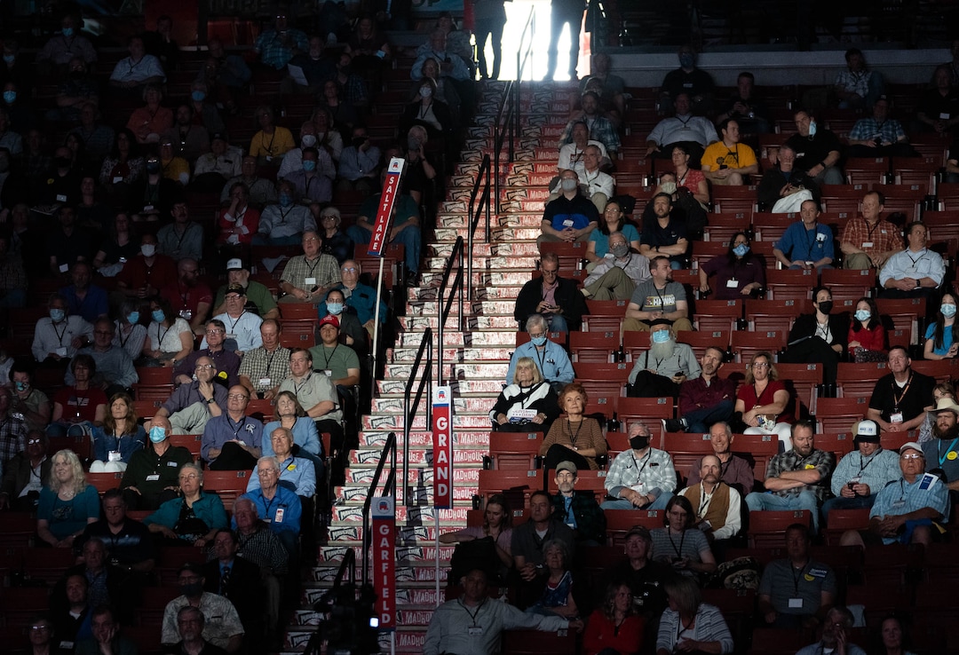 (Francisco Kjolseth | The Salt Lake Tribune) Delegates attend the Utah Republican Party’s 2021 Organizing Convention at the Maverik Center in West Valley City on Saturday, May 1, 2021, as they return to an in-person format after the pandemic forced the nominating convention to go online last year.