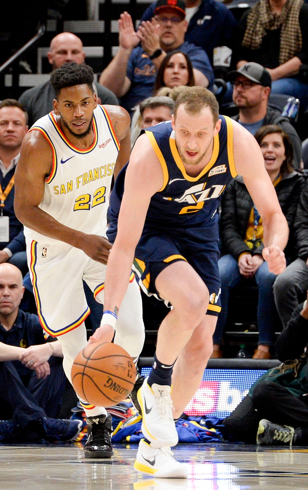 (Leah Hogsten  |  The Salt Lake Tribune) Utah Jazz forward Joe Ingles (2) with the steal as the Utah Jazz host the Golden State Warriors, Dec. 13, 2019 at Vivint Arena.