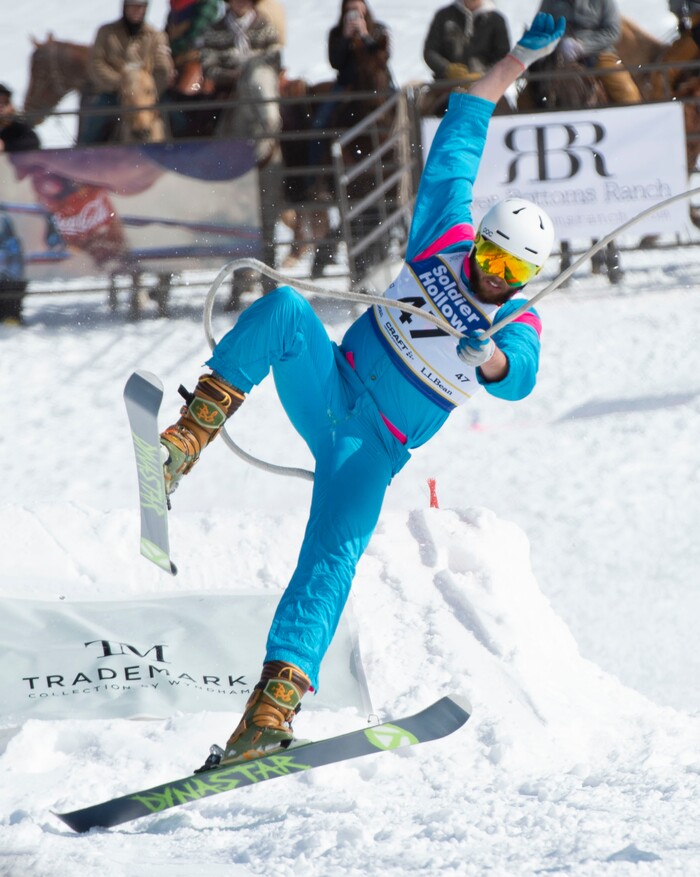 (Rick Egan | The Salt Lake Tribune) Nick Bringhurst tries to land a jump, in the the Skijoring competition at Soldier Hollow Friday. Feb. 22, 2019.