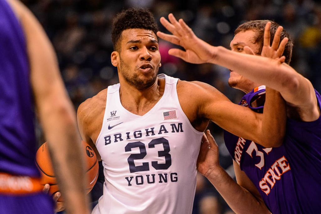 (Trent Nelson | The Salt Lake Tribune)
Brigham Young Cougars forward Yoeli Childs (23) drives into Northwestern State Demons forward Dalin Williams (35) as BYU hosts Northwestern State, NCAA basketball at the Marriott Center in Provo on Tuesday Nov. 13, 2018.