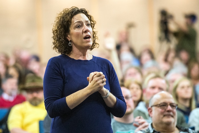 Chris Detrick  |  The Salt Lake Tribune
Teacher Chelsie Acosta asks a question during the town-hall meeting with U.S. Rep. Jason Chaffetz, R-Utah, in Brighton High School Thursday February 9, 2017. 