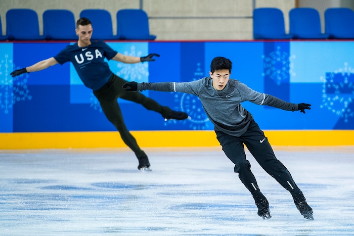 (Chris Detrick | The Salt Lake Tribune) Salt Lake City's Nathan Chen and Adam Rippon practice their Men's Single Skating Short Program for the Team Event at the Gangneung Ice Arena Thursday, February 8, 2018.