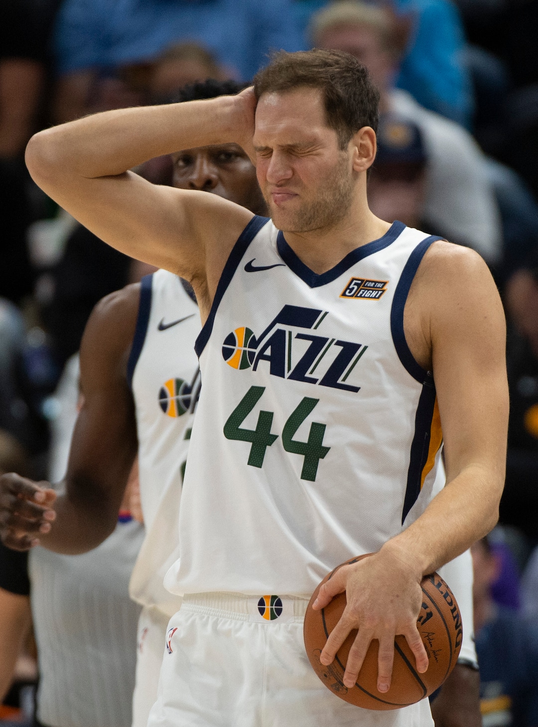 (Rick Egan  |  The Salt Lake Tribune)    Utah Jazz forward Bojan Bogdanovic (44) reacts after a collision, in NBA basketball action between the Utah Jazz and the Brooklyn Nets in Salt Lake City, Tuesday, Nov 12, 2019.