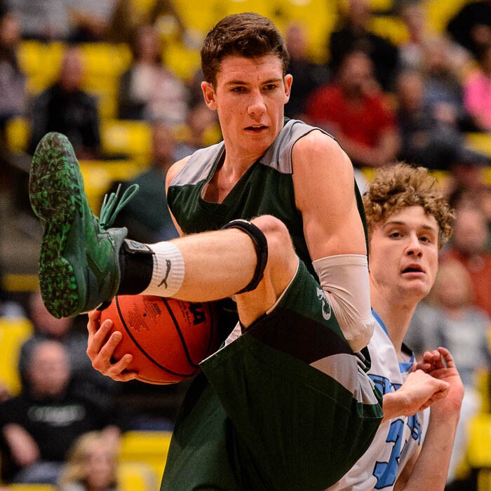 (Trent Nelson | The Salt Lake Tribune)  Payson vs. Sky View, 4A State high school basketball tournament at Utah Valley University in Orem, Thursday March 1, 2018. Payson's Hagen Wright (23) pulls in a rebound.