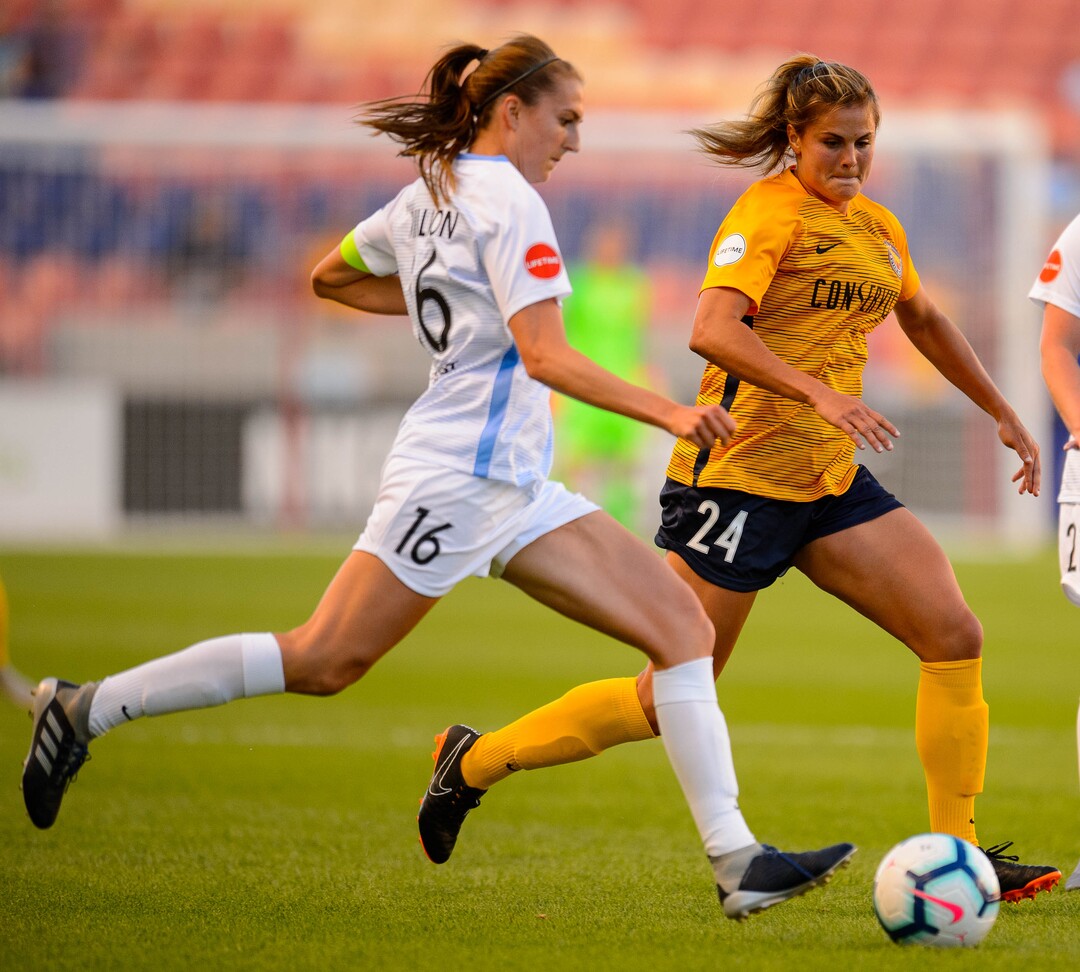 (Trent Nelson  |  The Salt Lake Tribune)  Sky Blue FC midfielder Sarah Killion (16) and Utah Royals FC forward Katie Stengel (24) as Utah Royals FC hosts Sky Blue FC at Rio Tinto Stadium in Sandy on Saturday June 15, 2019.