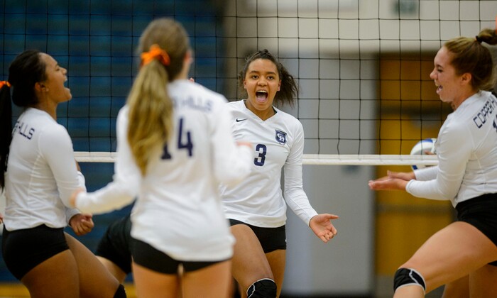 (Steve Griffin | The Salt Lake Tribune) Camilla Andam pf Copper Hills gets excited as her team builds a lead over Herriman during volleyball match at Copper Hills High School in West Jordan Tuesday September 26, 2017.