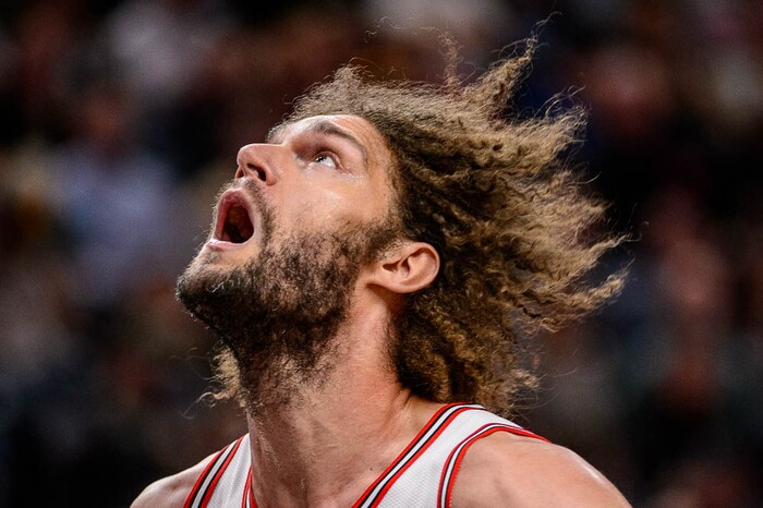 (Trent Nelson | The Salt Lake Tribune)  Chicago Bulls center Robin Lopez (42) looks for a rebound as the Utah Jazz host the Chicago Bulls, NBA basketball in Salt Lake City Wednesday November 22, 2017.