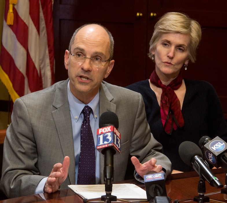 (Rick Egan  |  The Salt Lake Tribune)      Paul Edwards Deputy Chief of Staff, and Executive Director Kristin Cox discuss  the prison development budget, during a news conference in the Governor's Conference room, Thursday, February 1, 2018.