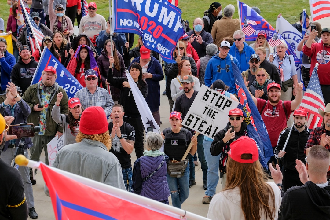 (Leah Hogsten  |  The Salt Lake Tribune) As news broke of former Vice President Joe Biden earning enough Electoral College votes to secure the presidency Saturday, Trump protesters took to the Capitol to denounce the win.
