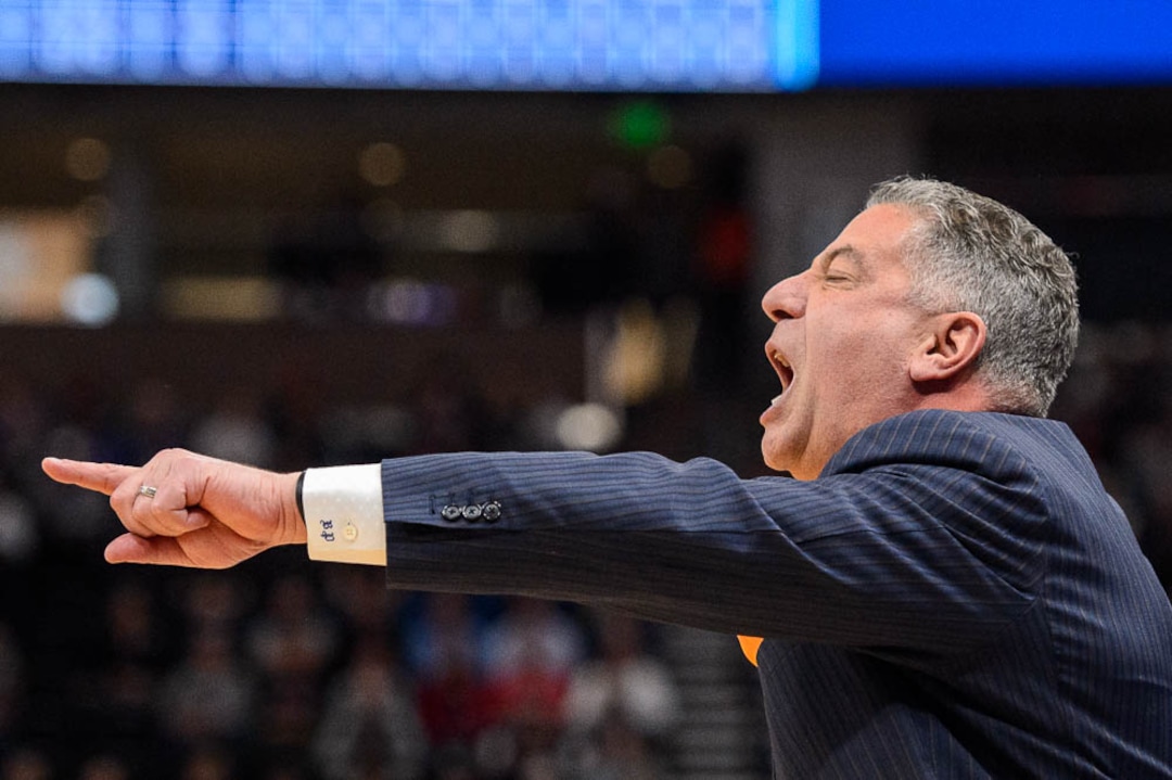 (Trent Nelson | The Salt Lake Tribune)  Auburn Tigers head coach Bruce Pearl  as Auburn faces New Mexico State in the 2019 NCAA Tournament in Salt Lake City on Thursday March 21, 2019.