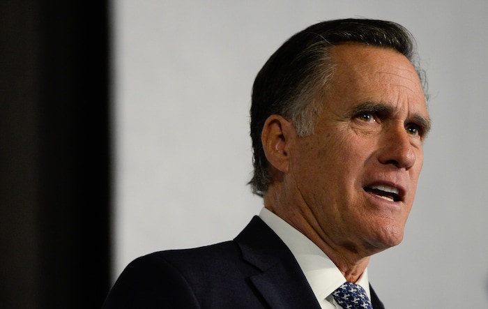 (Francisco Kjolseth  |  The Salt Lake Tribune)  Mitt Romney speaks at the Utah Economic Outlook & Policy Summit 2018, hosted by the Salt Lake Chamber at the Salt Lake City Marriott Downtown at City Creek on Tuesday, Jan. 16, 2018. 