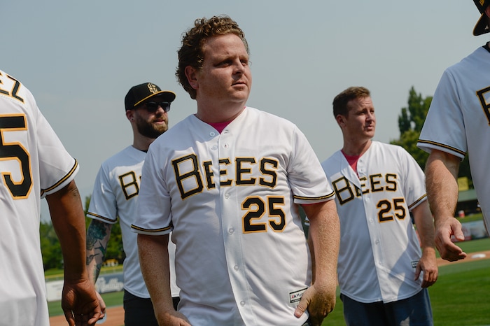 (Francisco Kjolseth  |  The Salt Lake Tribune)  Members of the cast from the movie "The Sandlot," including Ham (Patrick Renna), center, reunite as the Salt Lake Bees celebrate the 25th anniversary of the Utah-filmed movie at the Smith's Ballpark on Friday, Aug. 10, 2018.