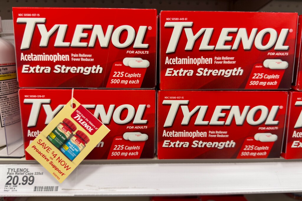 (Michael Conroy | AP Photo) Tylenol pain relief products are shown on a store shelf in Carmel, Ind., Tuesday, Sept. 23, 2025.