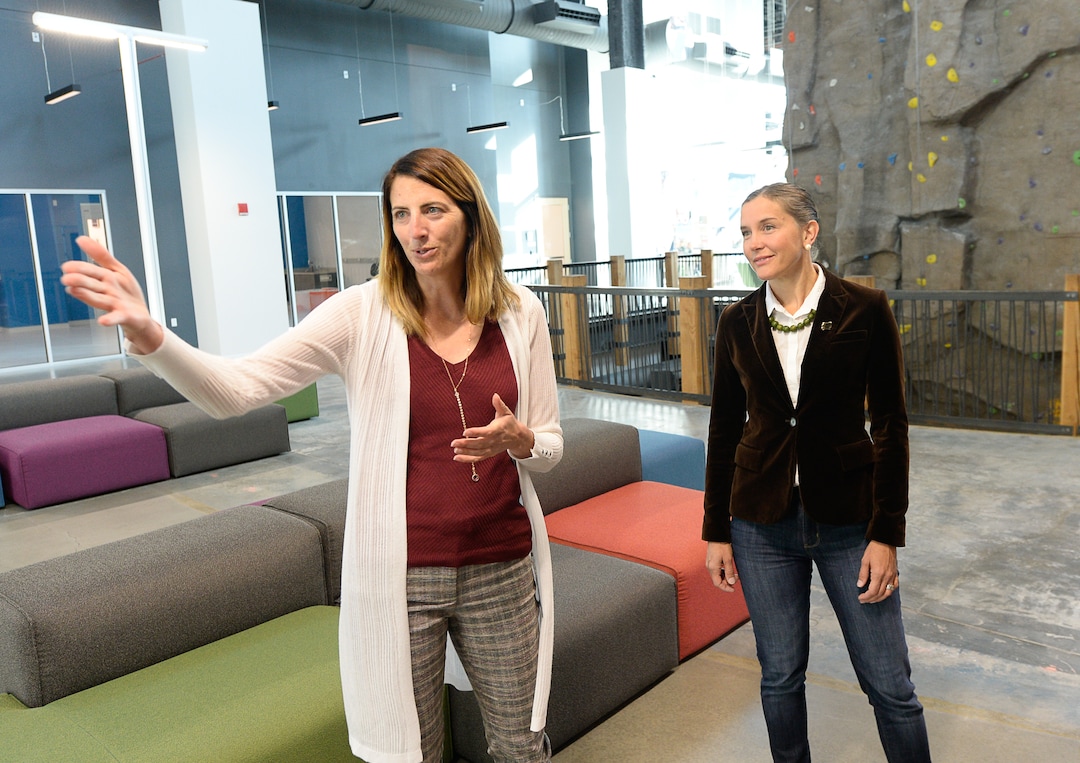(Francisco Kjolseth  |  The Salt Lake Tribune)  Tina Larson, left, chief operating officer of Recursion Pharmaceuticals at The Gateway, gives Salt Lake City mayoral candidate Erin Mendenhall a tour of their space before Mendenhall unveiled her plan for building a tech ecosystem for the city on Monday, Oct. 7, 2019.