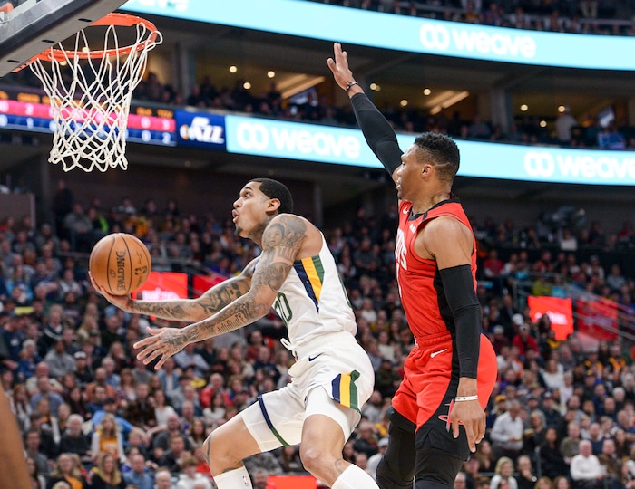 (Leah Hogsten  |  The Salt Lake Tribune)  Utah Jazz guard Jordan Clarkson (00) had 20 points in the first half. The Utah Jazz host the Houston Rockets at Vivint Arena, Feb. 22, 2020.