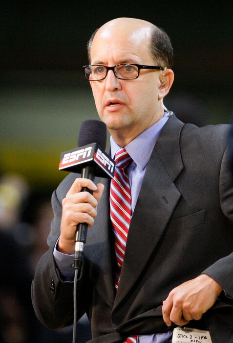 Jeff Van Gundy, ESPN NBA analyst is shown before the start of a preseason NBA basketball game between the Miami Heat and the New Orleans Hornets, Friday, Oct. 26, 2012 in Miami. (AP Photo/Wilfredo Lee)