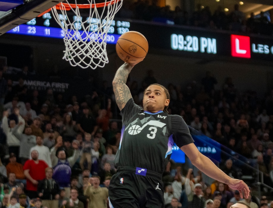 (Rick Egan | The Salt Lake Tribune) Keyonte George dunks for there Jazz in NBA action between the Utah Jazz and the Denver Nuggets, at the Delta Cnter on Monday, March 2, 2026.