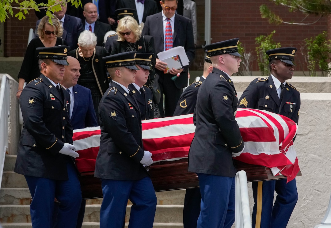 (Francisco Kjolseth | The Salt Lake Tribune) Pallbearers carry the casket of former U.S. Sen. Orrin Hatch after funeral services at The Church of Jesus Christ of Latter-day Saints Institute of Religion in Salt Lake City on Friday, May 6, 2022. Hatch, the longest-serving Republican senator in U.S. history and the longest-serving from Utah, died April 23 at age 88.