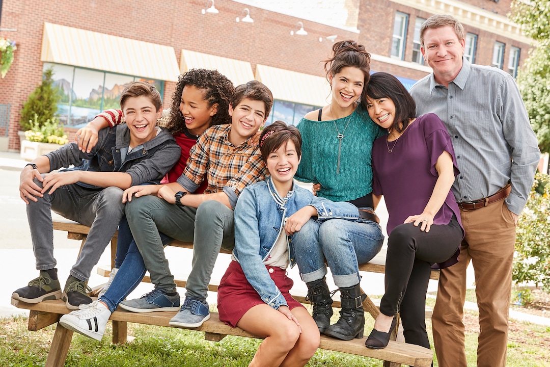 (Photo courtesy Craig Sjodin/Disney Channel) “Andi Mack” stars Asher Angel as Jonah Beck, Sofia Wylie as Buffy Driscoll, Joshua Rush as Cyrus Goodman, Peyton Elizabeth Lee as Andi Mack, Lilan Bowden as Bex Mack, Lauren Tom as Celia Mack, and Stoney Westmoreland as Ham Mack.