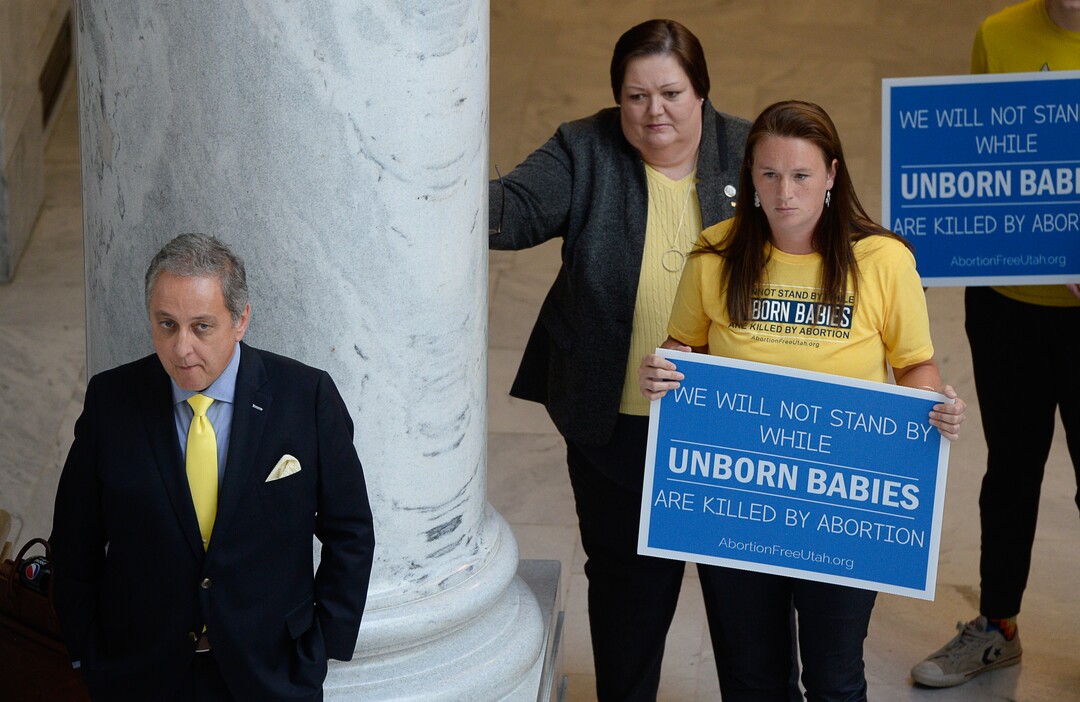 (Francisco Kjolseth  |  The Salt Lake Tribune)  Utah Representatives Cory Maloy, R-Lehi, and Cheryl Acton, R-Salt Lake, from left, join Abortion-Free Utah as it launches a public campaign to end elective abortion in the state of Utah during a press event in the rotunda of the Utah Capitol on Wed. June 19, 2019.