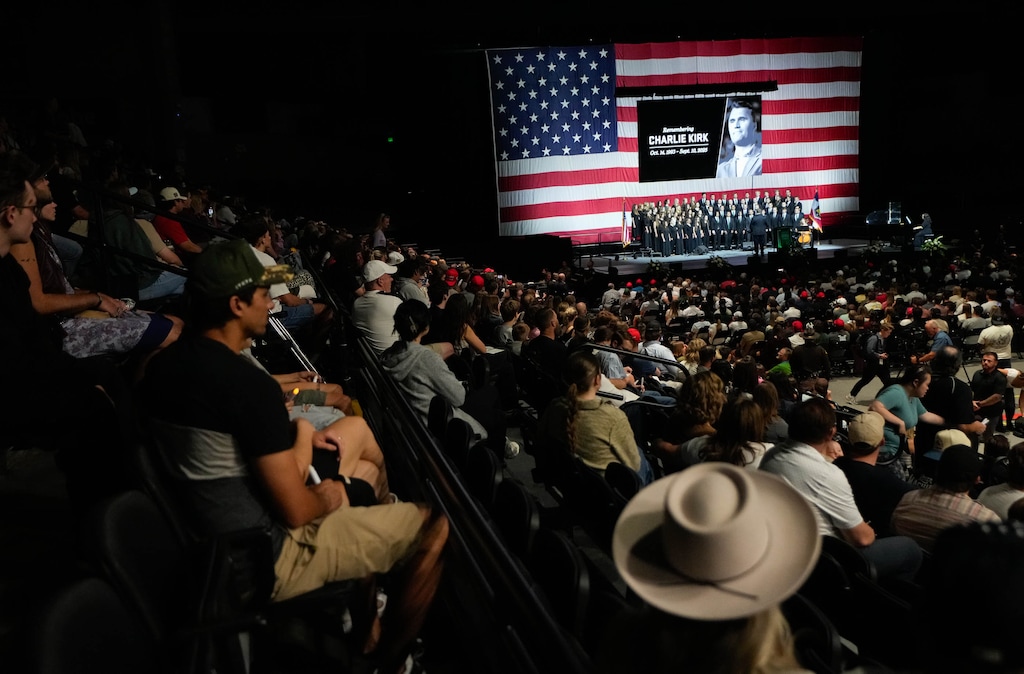 (Francisco Kjolseth | The Salt Lake Tribune) Utah Valley University holds a vigil on Friday, Sept. 19, 2025, at the UCCU Center following the recent shooting death on campus of Charlie Kirk, conservative commentator and founder of Turning Point USA.