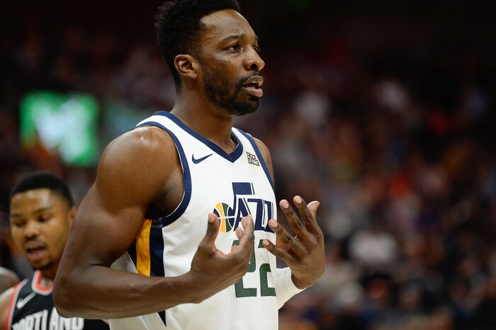 (Francisco Kjolseth  |  The Salt Lake Tribune)  Utah Jazz forward Jeff Green (22) argues a call as the Utah Jazz host the Portland Trailblazers in their NBA basketball game at Vivint Smart Home Arena in Salt Lake City on Wed. Oct. 16, 2019.