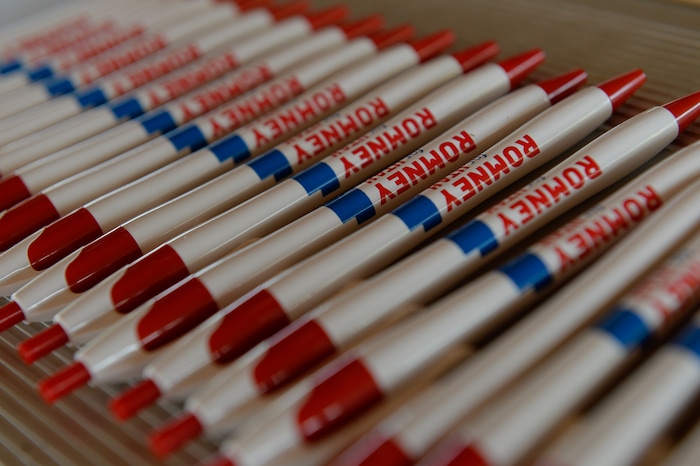 (Francisco Kjolseth | The Salt Lake Tribune) Give-away pens are lined up as the Romney campaign hosts "Mondays With Mitt" at Veterans Memorial Park in West Jordan on Monday, June 18, 2018 as Senate candidate Mitt Romney visits with supporters and takes a few questions from the dozens gathered at the park.