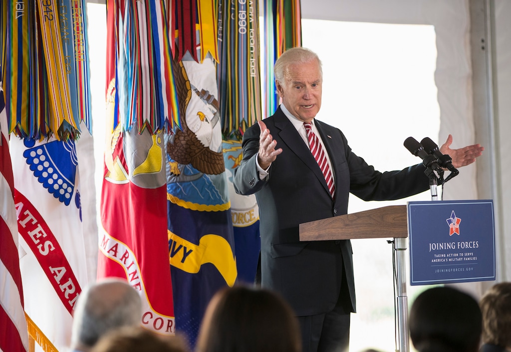 (J. Scott Applewhite | AP photo)
Then-Vice President Joe Biden speaks during a luncheon for military women, active-duty service members and veterans, spouses and caregivers on Veterans Day, 2015, at the vice president's official residence at the Naval Observatory in Washington. Biden announced that Delaware's new National Guard headquarters in New Castle will be named for his late son, Beau Biden, a two-term attorney general who served in Iraq with the Delaware Army National Guard. Beau Biden died of brain cancer in May.