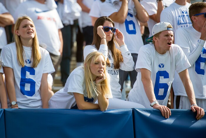 (Chris Detrick  |  The Salt Lake Tribune)   Brigham Young Cougars fans watch during the game at LaVell Edwards Stadium Saturday Saturday, September 16, 2017. Wisconsin Badgers defeated Brigham Young Cougars 40-6.