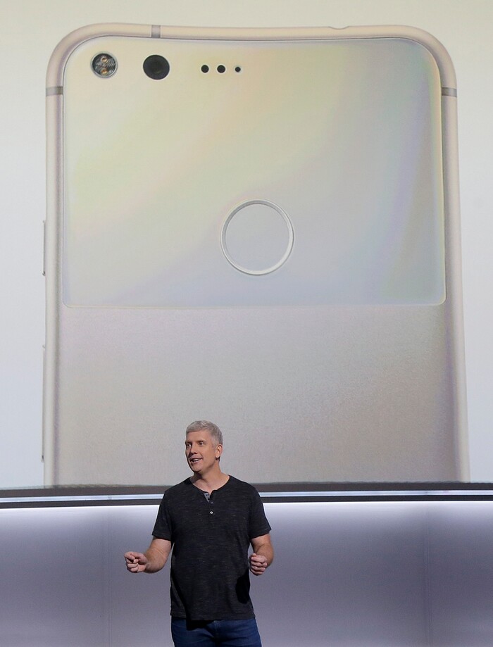 Rick Osterloh, Google senior vice president of hardware, speaks at a Google event at the SFJAZZ Center in San Francisco, Wednesday, Oct. 4, 2017. (AP Photo/Jeff Chiu)