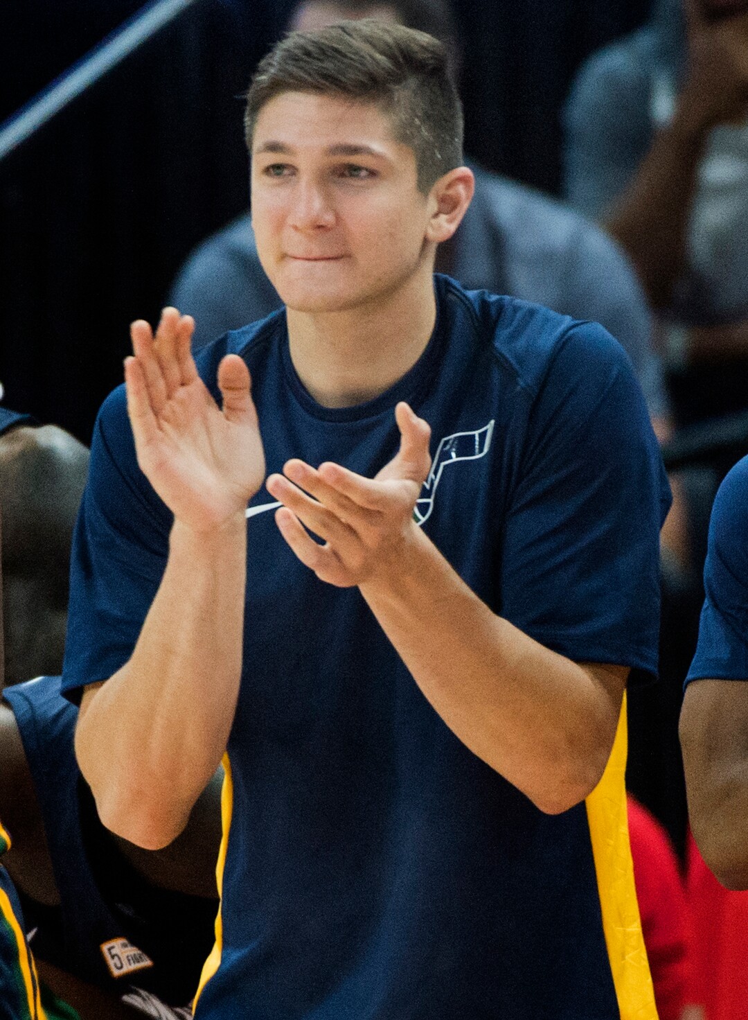 (Rick Egan  |  The Salt Lake Tribune)      Jazz guard Grayson Allen cheers for the Jazz from the bench, in Utah Jazz summer league action between Utah Jazz and Memphis Grizzlies in Salt Lake City, Tuesday, July 3, 2018.