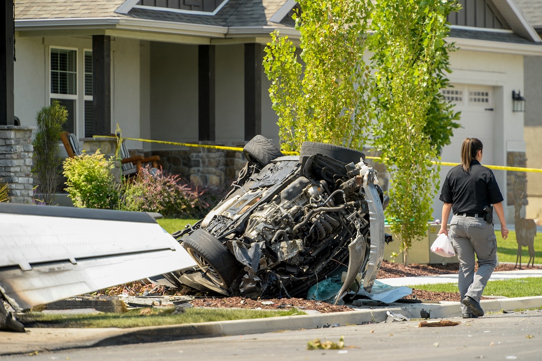 Leah Hogsten  |  The Salt Lake Tribune   The  house at 584 E. East Canyon Road in Payson where Duane "Rhedd" Youd, 47, crashed a plane about 2:30 a.m., Monday, August 13, 2018. Firefighters arrived to find the home engulfed in flames. The two people inside the home escaped through the back of the home and were uninjured. Youd had been booked into the Utah County Jail about 7:30 p.m. Sunday after being suspected of assaulting his wife. He bailed out of jail; returned to the home with a police officer about midnight to retrieve belongings and his truck; and left without incident.