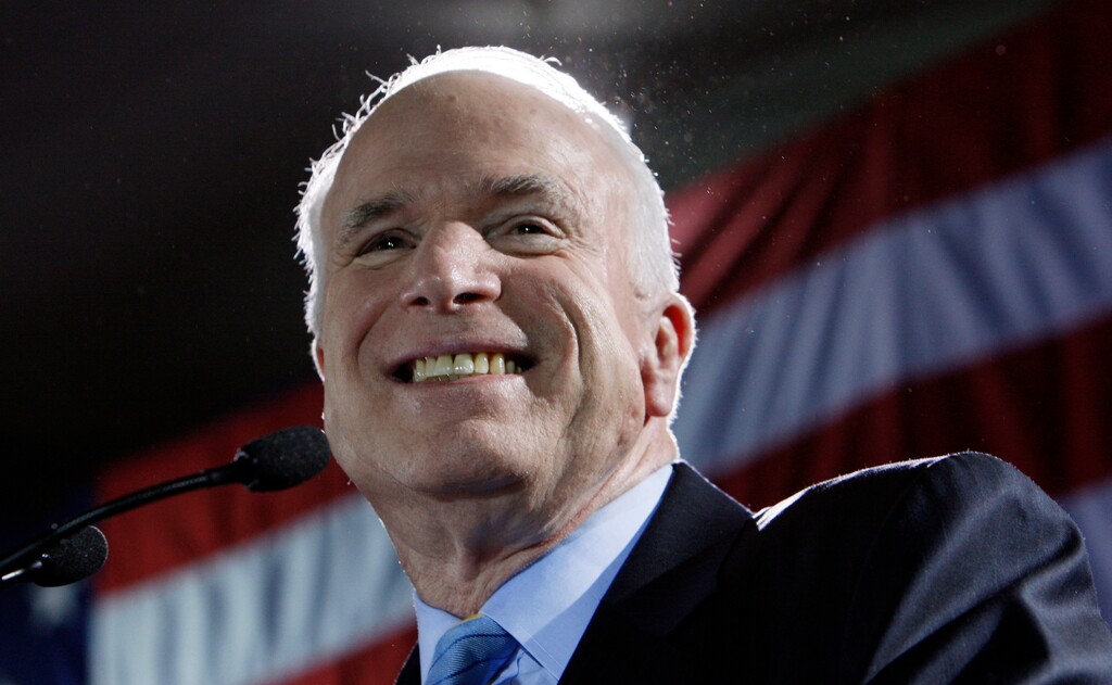 (Charles Dharapak | The Associated Press) FILE - In this Jan. 29, 2008, file photo, Republican presidential hopeful Sen. John McCain, R-Ariz., celebrates in Miami after winning the Florida Republican presidential primary. Aide says senator, war hero and GOP presidential candidate McCain died Saturday, Aug. 25, 2018. He was 81.