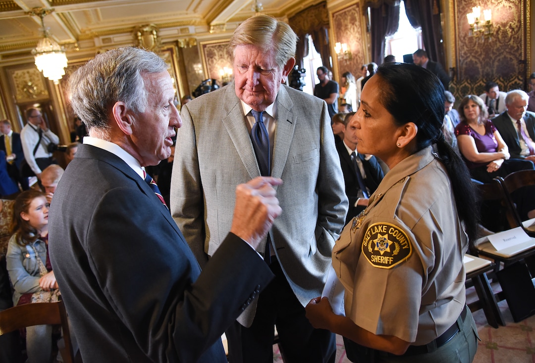 (Francisco Kjolseth  |  The Salt Lake Tribune)  Attorney Jim Jardine, Kem Gardner and Sheriff Rosie Rivera speak ahead of an announcement by supporters and opponents of UtahÕs medical marijuana initiative who joined with Utah Gov. Gary Herbert and legislative leaders Thursday, Oct. 4, 2018, at the Utah Capitol to announce a Òshared visionÓ for cannabis policy.