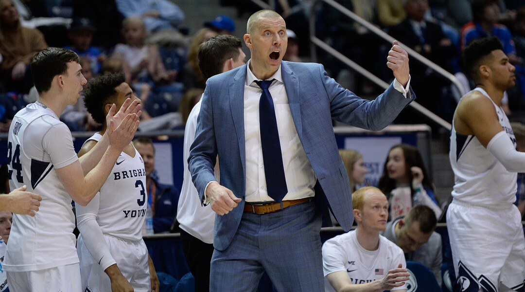 (Francisco Kjolseth  |  The Salt Lake Tribune) BYU basketball coach Mark Pope yells out to his team in the second half as the Brigham Young Cougars host the Santa Clara Broncos at the Marriott Center in Provo, Thursday, Feb. 20, 2020. BYU won 85-75.
