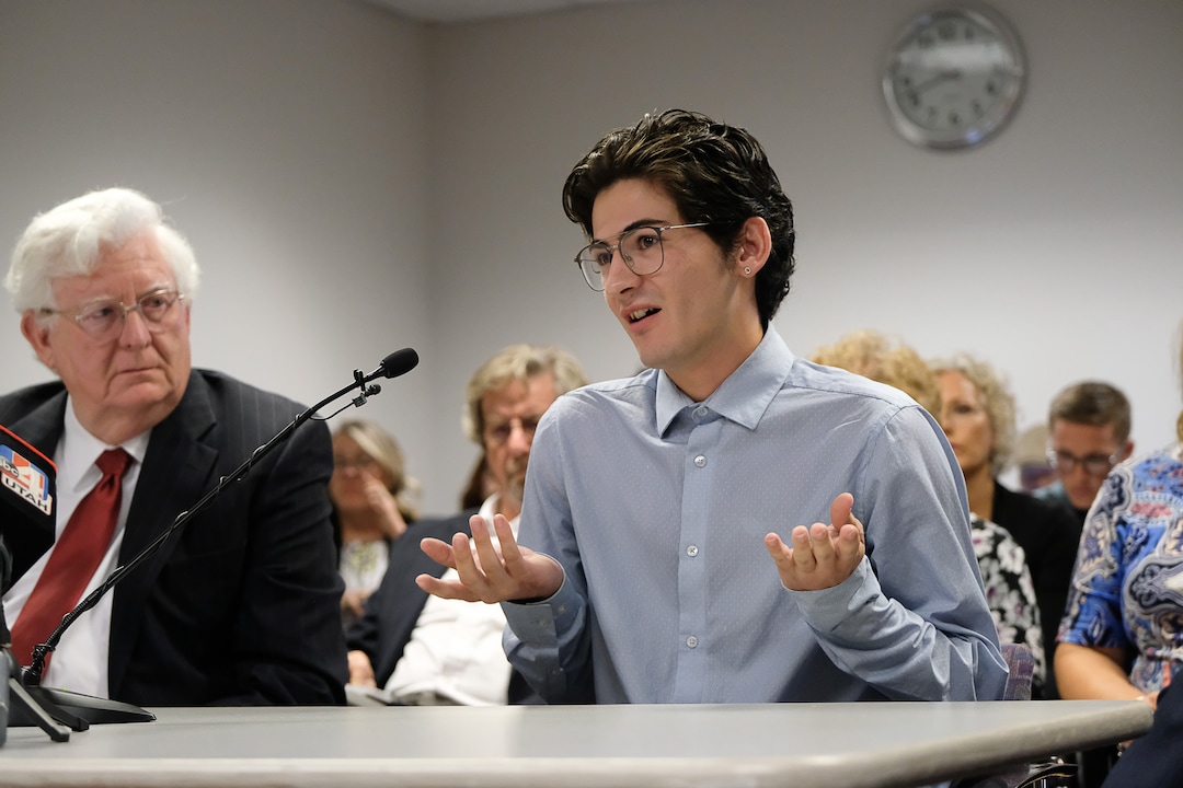 (Francisco Kjolseth  |  The Salt Lake Tribune)  Nathan Dalley relays the negative effects he experienced with conversion therapy as the joins the conversation during a public hearing about a proposed ban on the practice in Salt Lake City on Thursday, Sept. 26, 2019.