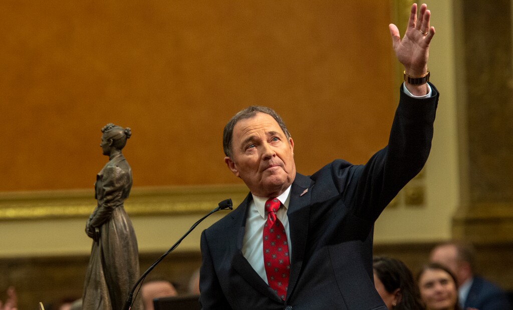 (Rick Egan  |  The Salt Lake Tribune)     Gov. Gary Herbert recognizes a group of refugees in the gallery, as he delivers his 11th and final State of the State address in the Utah House of Representatives, at the Utah State Capitol, Wednesday, Jan. 29, 2020.