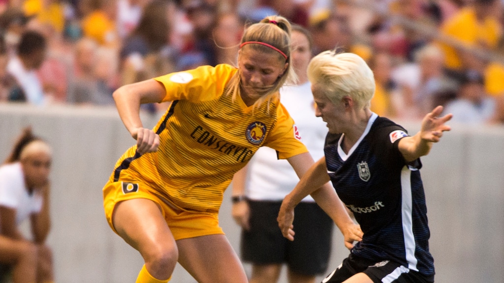 (Rick Egan  |  The Salt Lake Tribune)   Utah Royals FC defender Katie Bowen (6) controls the ball, as Seattle Reign FC forward Megan Rapinoe (15) defends, in soccer action between Utah Royals FC and Seattle Reign FC, at Rio Tinto Stadium,  Wednesday, June 27, 2018.