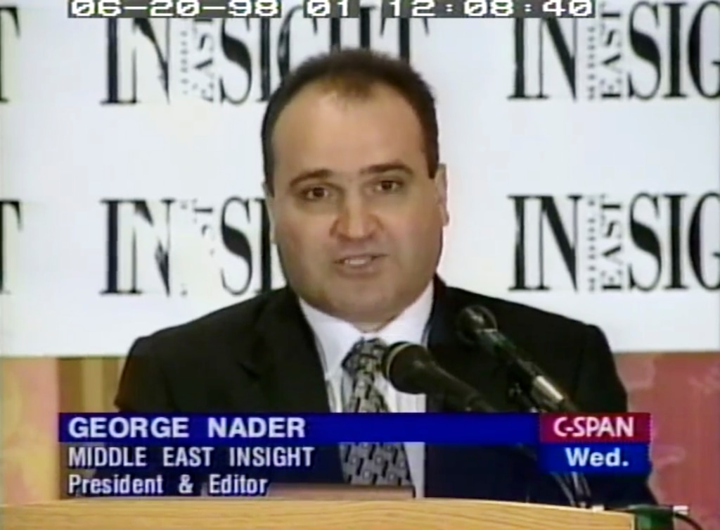 (C-SPAN via AP, File) This 1998 frame from video provided by C-SPAN shows George Nader, president and editor of Middle East Insight. Nadar, who worked to advance Saudi Arabia’s agenda to the Trump administration and who later provided grand jury testimony to special counsel Robert Mueller, has been arrested on charges of transporting a dozen images of child pornography and bestiality. Federal prosecutors in the Eastern District of Virginia announced that George Nader, 60, was arrested Monday morning, June 3, 2019 at John F. Kennedy International Airport in New York.
