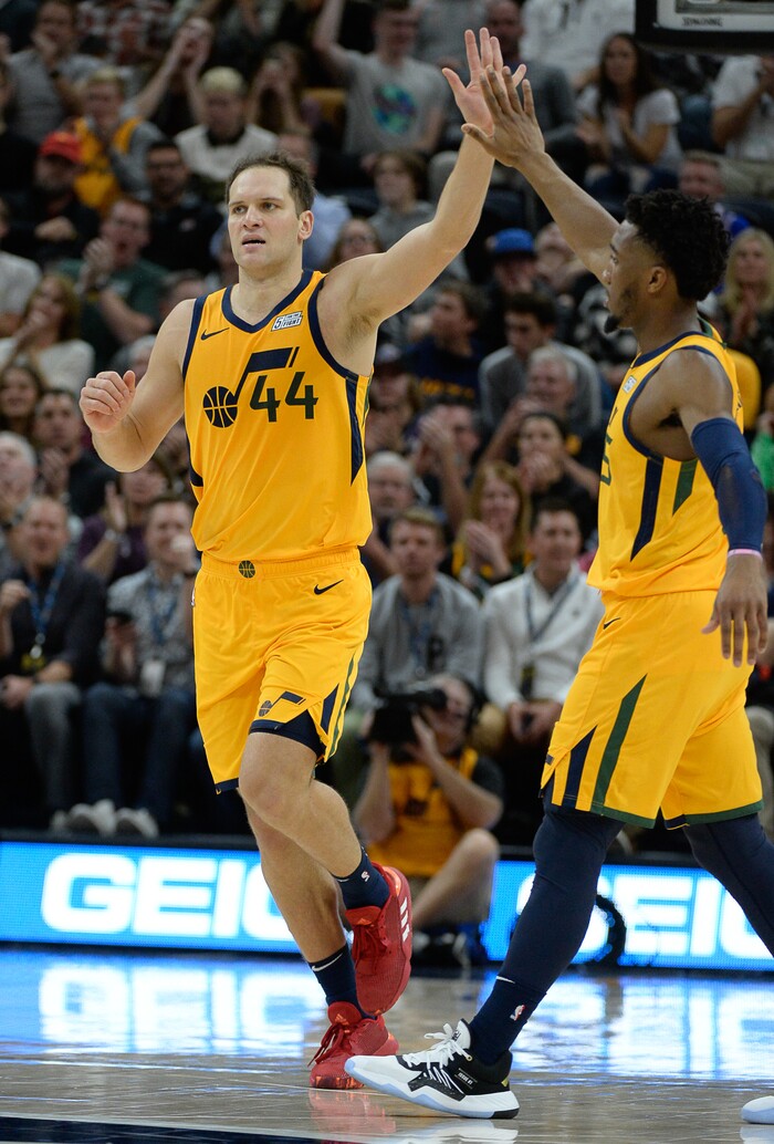 (Francisco Kjolseth  |  The Salt Lake Tribune)  Utah Jazz forward Bojan Bogdanovic (44) celebrates a three pointer with Utah Jazz guard Donovan Mitchell (45) as the Utah Jazz host the Philadelphia 76ers in their NBA basketball game at Vivint Smart Home Arena in Salt Lake City on Wednesday, Nov. 6, 2019.
