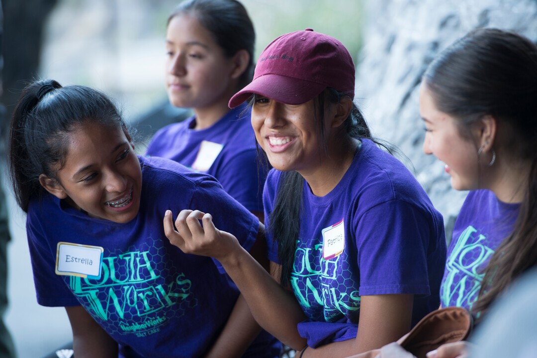 (Rick Egan  |  The Salt Lake Tribune)  Participants in the YouthWorks program laugh as they wait for a tour of Timpanogos Cave, Thursday, Aug. 3, 2017.
