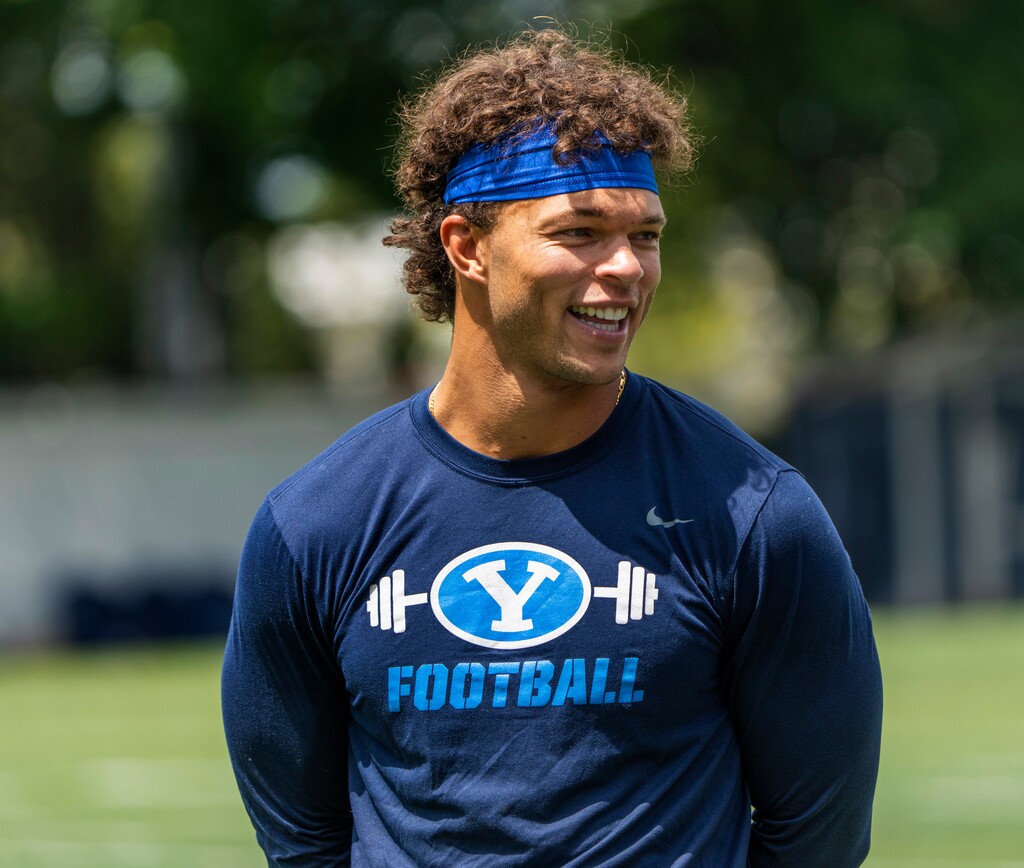 (Rick Egan | The Salt Lake Tribune)  BYU quarterback Jaren Hall, talks to the media after day 1 of BYU football Fall Camp, on Thursday, Aug. 4, 2022.