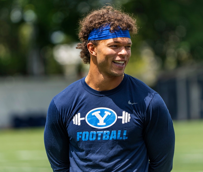 (Rick Egan | The Salt Lake Tribune)  BYU quarterback Jaren Hall, talks to the media after day 1 of BYU football Fall Camp, on Thursday, Aug. 4, 2022.