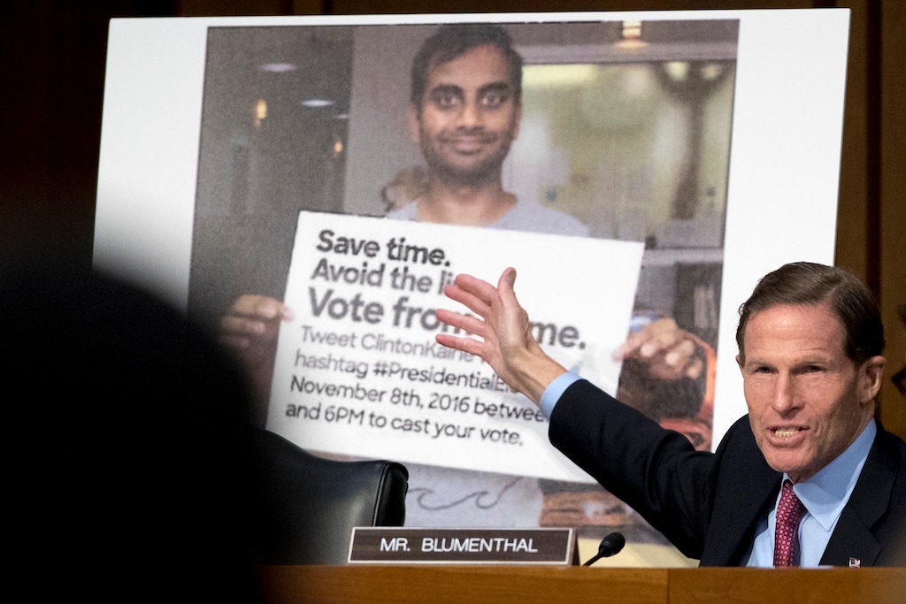 (Andrew Harnik | The Associated Press) In this Oct. 31, 2017, file photo, Sen. Richard Blumenthal, D-Conn., speaks next to a poster depicting an online ad that attempted to suppress voters as Facebook's General Counsel Colin Stretch, Twitter's Acting General Counsel Sean Edgett, and Google's Law Enforcement and Information Security Director Richard Salgado testify before a Senate Committee on the Judiciary, Subcommittee on Crime and Terrorism hearing on Capitol Hill in Washington. The Feb. 16, 2018, election-interference indictment by U.S. special counsel Robert Mueller underscores how thoroughly U.S. social-media companies like Facebook and Twitter were played by Russian propagandists.